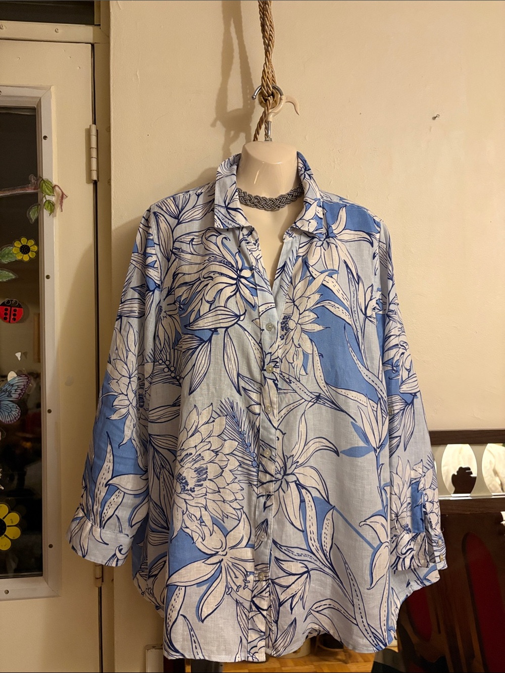 H by Halston Blue and White Floral Button-Front Shirt. Linen